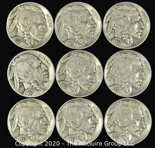 (9) 1937 Buffalo Nickels