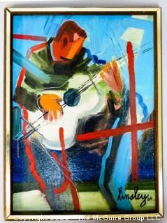 Original Framed Oil on Canvas by JOAN MILLER LINSLEY (American, 1922-2000). Man Playing Guitar, Signed and Dated 1966. Measure approximately 11 1/2" x 15 1/2" framed.