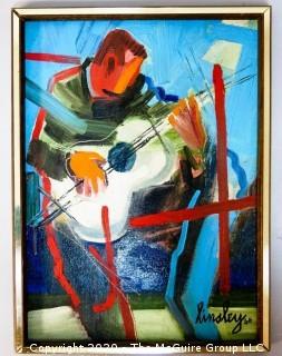 Original Framed Oil on Canvas by JOAN MILLER LINSLEY (American, 1922-2000). Man Playing Guitar, Signed and Dated 1966. Measure approximately 11 1/2" x 15 1/2" framed.