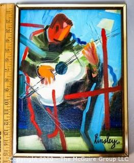 Original Framed Oil on Canvas by JOAN MILLER LINSLEY (American, 1922-2000). Man Playing Guitar, Signed and Dated 1966. Measure approximately 11 1/2" x 15 1/2" framed.