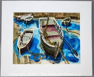 Original Framed & Matted Watercolor by JOAN MILLER LINSLEY (American, 1922-2000). Boats in Harbor, Signed and Dated 1988. Measure approximately 19" x 22 1/2" in frame.