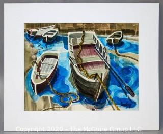 Original Framed & Matted Watercolor by JOAN MILLER LINSLEY (American, 1922-2000). Boats in Harbor, Signed and Dated 1988. Measure approximately 19" x 22 1/2" in frame.