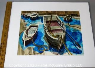 Original Framed & Matted Watercolor by JOAN MILLER LINSLEY (American, 1922-2000). Boats in Harbor, Signed and Dated 1988. Measure approximately 19" x 22 1/2" in frame.