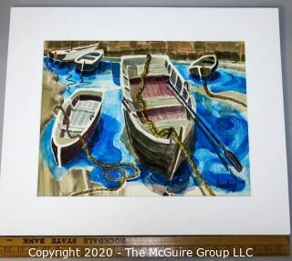 Original Framed & Matted Watercolor by JOAN MILLER LINSLEY (American, 1922-2000). Boats in Harbor, Signed and Dated 1988. Measure approximately 19" x 22 1/2" in frame.