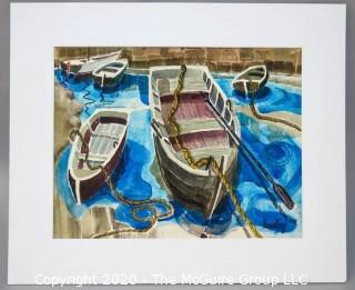 Original Framed & Matted Watercolor by JOAN MILLER LINSLEY (American, 1922-2000). Boats in Harbor, Signed and Dated 1988. Measure approximately 19" x 22 1/2" in frame.