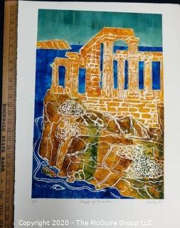 Original Unframed Color Print by JOAN MILLER LINSLEY (American, 1922-2000). Temple of Posidon 3/20, Signed and Dated 1988. Measures approximately 20" x 26".
