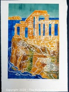 Original Unframed Color Print by JOAN MILLER LINSLEY (American, 1922-2000). Temple of Posidon 3/20, Signed and Dated 1988. Measures approximately 20" x 26".
