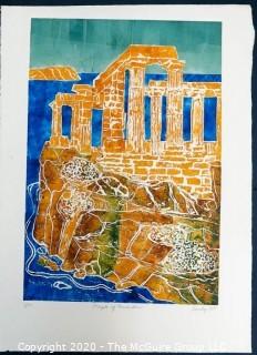 Original Unframed Color Print by JOAN MILLER LINSLEY (American, 1922-2000). Temple of Posidon 3/20, Signed and Dated 1988. Measures approximately 20" x 26".
