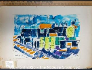 Original Unframed, Matted Abstract Watercolor on Paper by JOAN MILLER LINSLEY (American, 1922-2000). Locomotive, Signed and Dated 1959. Measures approximately 29" x 19" including mat.