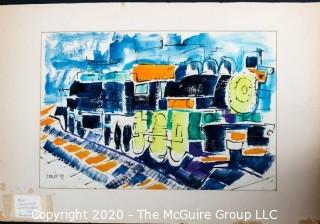 Original Unframed, Matted Abstract Watercolor on Paper by JOAN MILLER LINSLEY (American, 1922-2000). Locomotive, Signed and Dated 1959. Measures approximately 29" x 19" including mat.