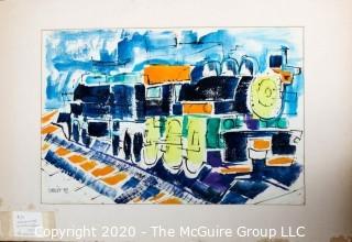 Original Unframed, Matted Abstract Watercolor on Paper by JOAN MILLER LINSLEY (American, 1922-2000). Locomotive, Signed and Dated 1959. Measures approximately 29" x 19" including mat.