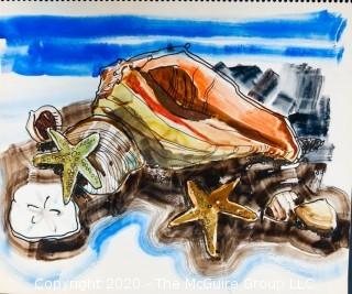 Original Unframed Watercolor on Paper. Seashells, Unsigned. Measures approximately 14" x 17" .