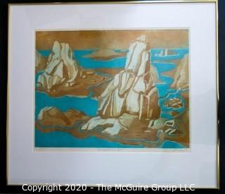 Original Framed & Matted Print by JOAN MILLER LINSLEY (American, 1922-2000). Ploughrescant VII, Signed and Dated 1994. Measures approximately 28" x 30" in frame. Small Chip in Glass.

