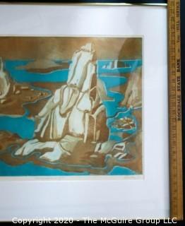 Original Framed & Matted Print by JOAN MILLER LINSLEY (American, 1922-2000). Ploughrescant VII, Signed and Dated 1994. Measures approximately 28" x 30" in frame. Small Chip in Glass.

