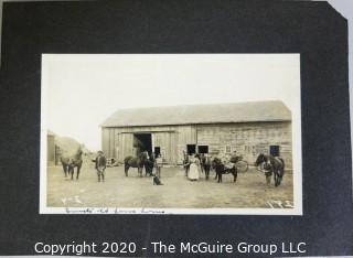 Antique Black & White Sepia Tone Photo Mounted to Board - Ernest's Old Farm Home with Family, Horses and Barn.  Measures approximately 11" x 8" on board.