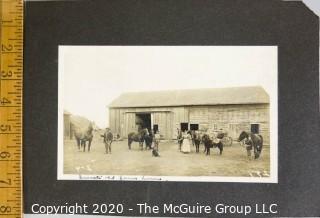 Antique Black & White Sepia Tone Photo Mounted to Board - Ernest's Old Farm Home with Family, Horses and Barn.  Measures approximately 11" x 8" on board.