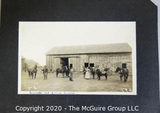 Antique Black & White Sepia Tone Photo Mounted to Board - Ernest's Old Farm Home with Family, Horses and Barn.  Measures approximately 11" x 8" on board.