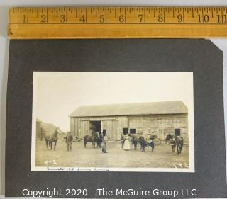 Antique Black & White Sepia Tone Photo Mounted to Board - Ernest's Old Farm Home with Family, Horses and Barn.  Measures approximately 11" x 8" on board.