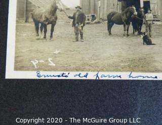 Antique Black & White Sepia Tone Photo Mounted to Board - Ernest's Old Farm Home with Family, Horses and Barn.  Measures approximately 11" x 8" on board.