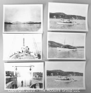 Six Vintage Black & White Photographs of Boats on Lake, Truss Bridge and Boat Launch.  Measure approximately 5" x 7".