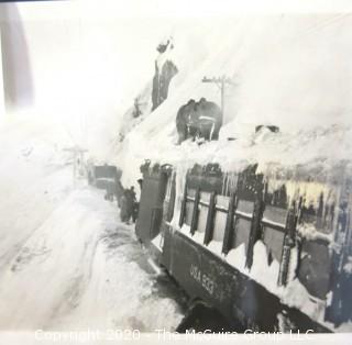 Group of Vintage Black & White Photos of Men Clearing Snow from Train Tracks and Invitation to Party for District Engineers Office, Alaska 1943. 