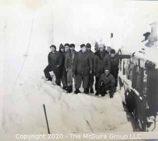 Group of Vintage Black & White Photos of Men Clearing Snow from Train Tracks and Invitation to Party for District Engineers Office, Alaska 1943. 