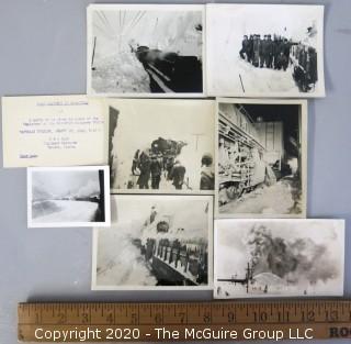 Group of Vintage Black & White Photos of Men Clearing Snow from Train Tracks and Invitation to Party for District Engineers Office, Alaska 1943. 