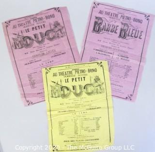 Three Antique French Playbills made of Tissue Paper.  Measure approximately 8" x 11".