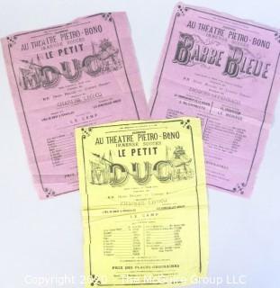 Three Antique French Playbills made of Tissue Paper.  Measure approximately 8" x 11".