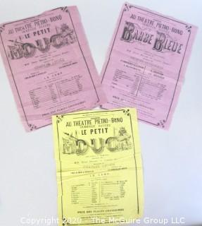 Three Antique French Playbills made of Tissue Paper.  Measure approximately 8" x 11".