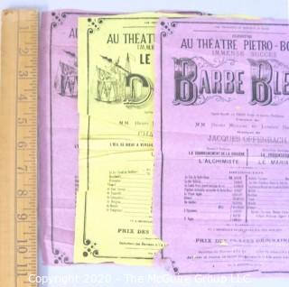 Three Antique French Playbills made of Tissue Paper.  Measure approximately 8" x 11".