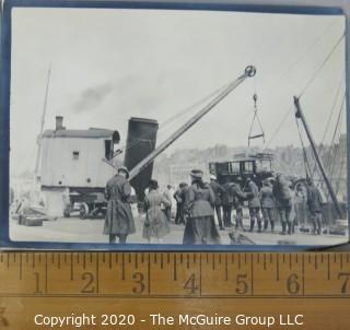 Antique Black & White Photo of Crane Lifting Car off of ship. Measures approximately 5" x 7".