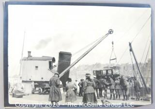 Antique Black & White Photo of Crane Lifting Car off of ship. Measures approximately 5" x 7".