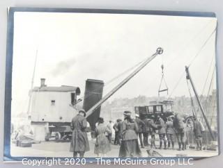 Antique Black & White Photo of Crane Lifting Car off of ship. Measures approximately 5" x 7".