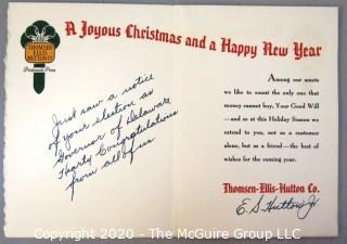 Vintage Holiday Card Written to Elected Governor of Delaware and Signed by EF Hutton. 