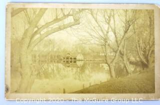 Group of Four Black & White Sepia Tone Cabinet Cards Featuring Landscapes.  Includes Yonkers, NY; Governors Island, NY; Lake Carasaljo, Lakewood, NJ; Swannanoa River, NC. 