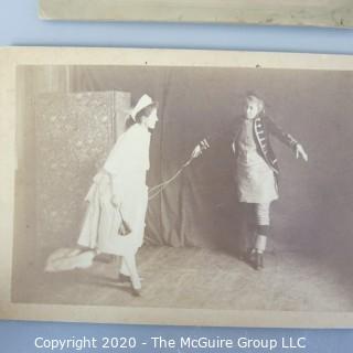 Three Antique Black & White Sepia Tone Cabinet Card Photos of Educated Women.  Features Graduation and Professor photos from Mount Holyoke College and Theater Scene from Smith College.