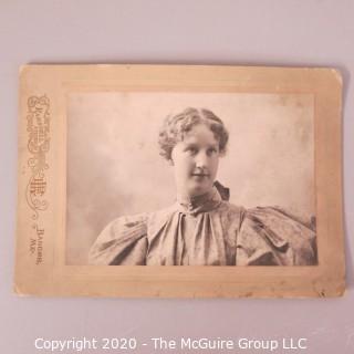 Three Antique Black & White Sepia Tone Cabinet Card Photos of Educated Women.  Features Graduation and Professor photos from Mount Holyoke College and Theater Scene from Smith College.