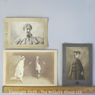 Three Antique Black & White Sepia Tone Cabinet Card Photos of Educated Women.  Features Graduation and Professor photos from Mount Holyoke College and Theater Scene from Smith College.