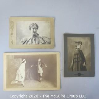 Three Antique Black & White Sepia Tone Cabinet Card Photos of Educated Women.  Features Graduation and Professor photos from Mount Holyoke College and Theater Scene from Smith College.