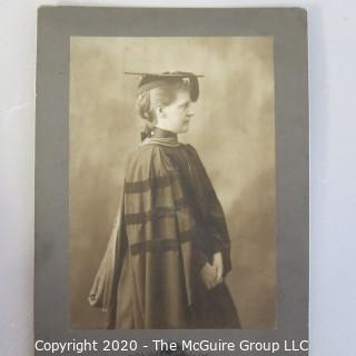 Three Antique Black & White Sepia Tone Cabinet Card Photos of Educated Women.  Features Graduation and Professor photos from Mount Holyoke College and Theater Scene from Smith College.