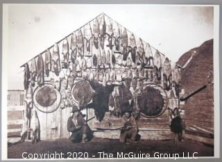 Antique Large Format Black & White Photo of Fur Traders and Cabin or Trading Post.  Measures approximately 12" x 16".