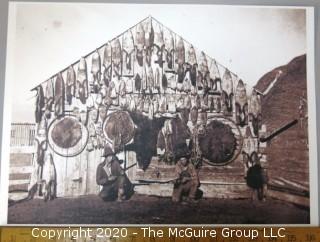 Antique Large Format Black & White Photo of Fur Traders and Cabin or Trading Post.  Measures approximately 12" x 16".