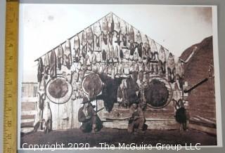 Antique Large Format Black & White Photo of Fur Traders and Cabin or Trading Post.  Measures approximately 12" x 16".