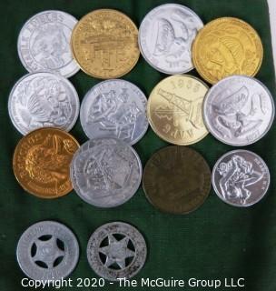 Vintage Fidelity Bank of Los Angeles Cash Bank and Miscellaneous Tokens and Coins.  Includes many Mardi Gras doubloons.