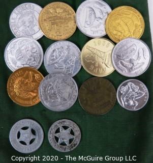 Vintage Fidelity Bank of Los Angeles Cash Bank and Miscellaneous Tokens and Coins.  Includes many Mardi Gras doubloons.