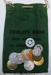 Vintage Fidelity Bank of Los Angeles Cash Bank and Miscellaneous Tokens and Coins.  Includes many Mardi Gras doubloons.