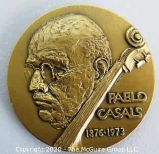 1973 Heavy Bronze Commemorative Medal for Pablo Casals, by Elizabeth Jones. This medal measures 2 1/2"in diameter and is marked Medallic Art Bronze.  Elizabeth Jones was the first  Chief Sculptor and Engraver of the United States Mint.