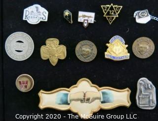 Group of Membership Pins and Tokens.  Includes Union, Boy Scouts, Girl Scout, Odd Fellows Fist Bump Handshake and 14k gold "W" pin weighing 1g