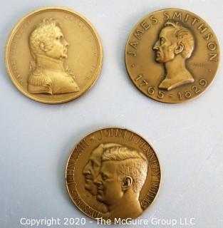 Three Heavy Bronze Commemorative Medals.  Includes John F Kennedy Peace Medal, Smithsonian Medal and Resolution of Congress, November 1844 Major General Peter Porter.